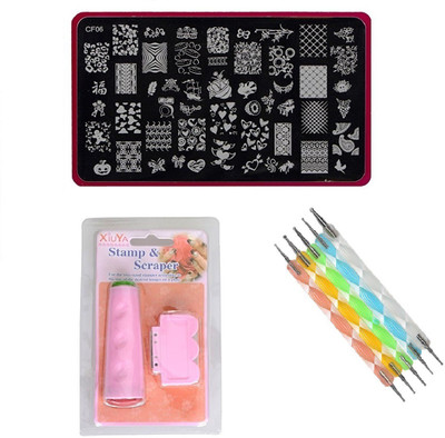 

Royalkart Nail Art Stamping Kit Jumbo Image Plate With Double-Sided Stamper, Scraper & 5pcs Double-Sided Dotting Tool(CF06)(multi color)