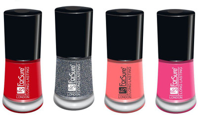 

forsure matte long lasting professional nail polish set of 4 fire red, glitter dazzling, peach, light pink(Pack of 4)