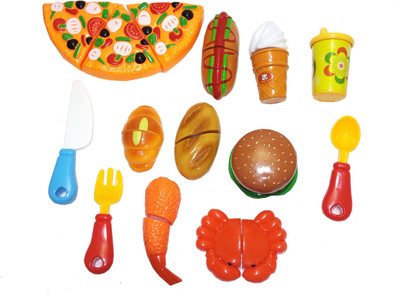 

TALKING GANESHA 14 Pcs Realistic Sliceable Cutting Fast Food Kitchen Set Toy with various items like Pizza, Burger, Prawn, Crab & many more, Knife, Spoon, Fork for Kids,Multi Color.