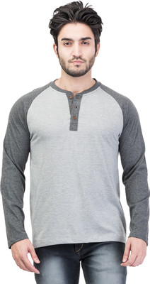 KALT Colorblock Men Henley Neck Grey T-Shirt
