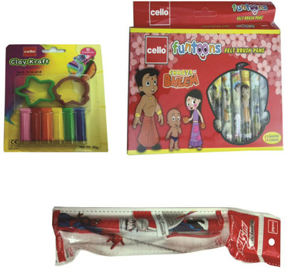 

Cello FUNTOONS FELT BRUSH PENS (12 SHADES)+ CLAY KRAFT 6 COLOURS CLAY WITH 2 MOULDS+SUPREME ALL STARS DISNEY PRINCESS 0.7 MM MECHANICAL PENCIL
