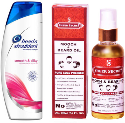 

HEAD & SHOULDERS 180 ML SMOOTH AND SILKY SHAMPOO with SHEER SECRET PURE COLD PRESSED MOOCH AND BEARD OIL 100 ML(Set of 2)