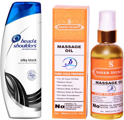 

HEAD & SHOULDERS 180 ML SILKY BLACK SHAMPOO with SHEER SECRET PURE COLD PRESSED MASSAGE OIL 100 ML(Set of 2)