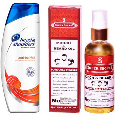 

HEAD & SHOULDERS 180 ML ANTI HAIRFALL SHAMPOO with SHEER SECRET PURE COLD PRESSED MOOCH AND BEARD OIL 100 ML(Set of 2)