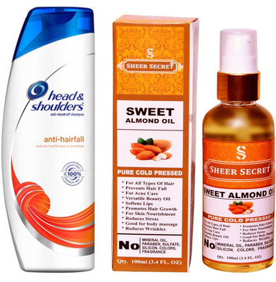 

HEAD & SHOULDERS 180 ML ANTI HAIRFALL SHAMPOO with SHEER SECRET PURE COLD PRESSED SWEET ALMOND OIL 100 ML(Set of 2)