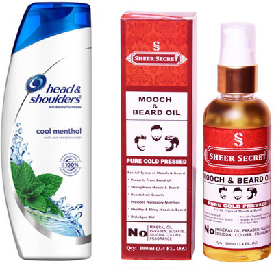 

HEAD & SHOULDERS 180 ML COOL MENTHOL SHAMPOO with SHEER SECRET PURE COLD PRESSED MOOCH AND BEARD OIL 100 ML(Set of 2)