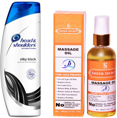 

HEAD & SHOULDERS 360 ML SILKY BLACK SHAMPOO with SHEER SECRET PURE COLD PRESSED MASSAGE OIL 100 ML(Set of 2)