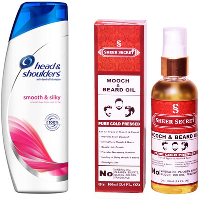 

HEAD & SHOULDERS 360 ML SMOOTH AND SILKY SHAMPOO with SHEER SECRET PURE COLD PRESSED MOOCH AND BEARD OIL 100 ML(Set of 2)