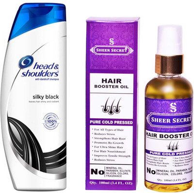 

HEAD & SHOULDERS 360 ML SILKY BLACK SHAMPOO with SHEER SECRET PURE COLD PRESSED HAIR BOOSTER OIL 100 ML(Set of 2)
