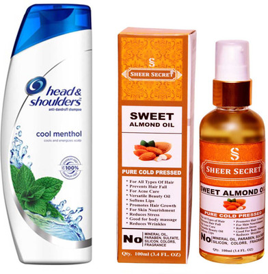 

HEAD & SHOULDERS 360 ML COOL MENTHOL SHAMPOO with SHEER SECRET PURE COLD PRESSED SWEET ALMOND OIL 100 ML(Set of 2)