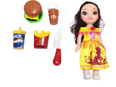 

TALKING GANESHA Beautiful 25 cms (ht) Princess Doll with Fast Food Items like Burger, Ice Cream, French Fries, Drink, Knife - Yellow(Multicolor)