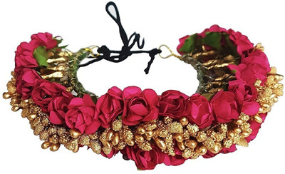 

RAAYA Weeding Hair Gajra (veni) For Bridal, Pink And Golden Color, Bun(Pink)