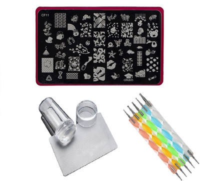 

Royalkart Nail Art Stamping Kit Jumbo Image Plate With Soft Nail Silicon Stamper, Scraper & 5pcs Double-Sided Dotting Tool(CF11)(multi color)