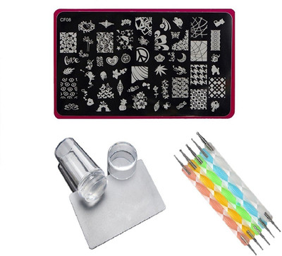

Royalkart Nail Art Stamping Kit Jumbo Image Plate With Soft Nail Silicon Stamper, Scraper & 5pcs Double-Sided Dotting Tool(CF08)(multi color)