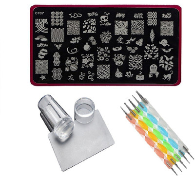 

Royalkart Nail Art Stamping Kit Jumbo Image Plate With Soft Nail Silicon Stamper, Scraper & 5pcs Double-Sided Dotting Tool(CF07)(multi color)