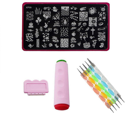 

Royalkart Nail Art Stamping Kit Jumbo Image Plate With Double-Sided Stamper, Scraper & 5pcs Double-Sided Dotting Tool(CF05)(multi color)
