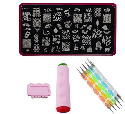 

Royalkart Nail Art Stamping Kit Jumbo Image Plate With Double-Sided Stamper, Scraper & 5pcs Double-Sided Dotting Tool(CF07)(multi color)