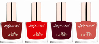 

Lady Fashion Ultra High Shine Long Stay Nail Polish Coffee,Bright Red,Maroon,Nude(Pack of 4)