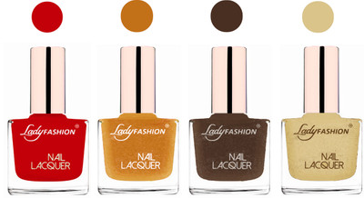 

Lady Fashion Ultra High Shine Long Stay Nail Polish Juicy Red,Golden,Mettalic Brown,Mettalic Gold(Pack of 4)