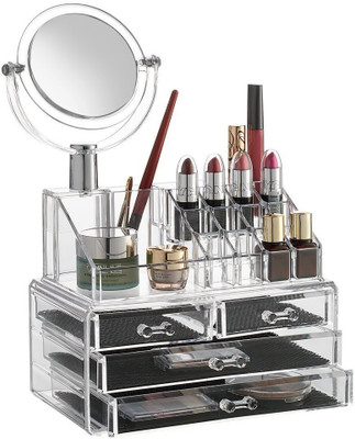 

sajani Double Layer Beauty Vanity Jewellery Clear Acrylic Make Up Cosmetic display Stand and organizer rack, holders can be used for make up brush sets, jewelery, arts and craft With Mirror jewellary Vanity Box(white)