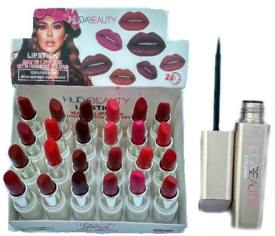 

Huda Beauty COMBO OF 24 SHADES LONG LASTING MATTE LIPSTICK WITH FREE WATERPROOF LONGLASTING EYELINER(Set of 25)