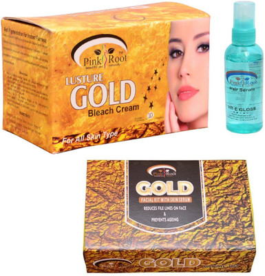 

Pink Root Lusture Gold Bleach Cream, Hair Serum, Gold Facial Kit(Set of 3)
