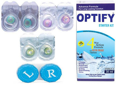 

Optify Color Contact Lens Zero Power Monthly Contact Lens(0, Aqua-Voilet-Green, Pack of 3)