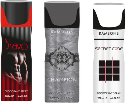 

Ramsons Combo Of Bravo, Champion and Secret Code Long Lasting Men's Spray Deodorant Spray - For Men(200 ml, Pack of 3)