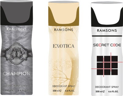 

Ramsons Combo Of Champion, Exotica and Secret Code Long Lasting Men's Spray Deodorant Spray - For Men(200 ml, Pack of 3)