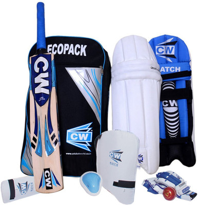

CW Economy Sports Cricket Kit Blue Complete Batting Accessories Set Without Cricket Helmet {Including Ecopak Shoulder Kit+Batting Leg Guard+ Cricket Bat+Batting Gloves+Arm Guard+Thigh Guard+Abdominal Guard+Leather Cricket Ball} Cricket Kit(Bat Size: 4 (Ag