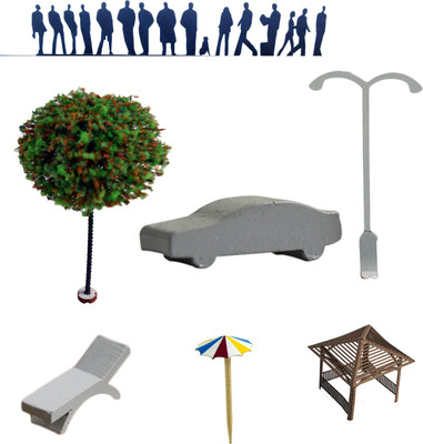 

R D MODELS Human Figure & Gazebo & Green Tree & Pool Side Chair & Umbrella & Street light & Car Scale 1:200 Model Building Kit