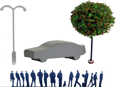 

R D MODELS HUMAN FIGURE & GREEN TREE & STREET LIGHT & CAR SCALE 1:200 Model Building Kit