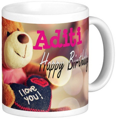 Exoctic Silver Happy Birthday ADITI Ceramic Mug(330 ml), White