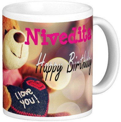 Exoctic Silver Happy Birthday NIVEDITA Ceramic Mug(330 ml), Blue;pink