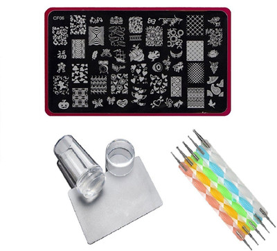 

Royalkart Nail Art Stamping Kit Jumbo Image Plate With Soft Nail Silicon Stamper, Scraper & 5pcs Double-Sided Dotting Tool(CF06)(multi color)
