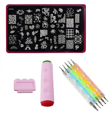 

Royalkart Nail Art Stamping Kit Jumbo Image Plate With Double-Sided Stamper, Scraper & 5pcs Double-Sided Dotting Tool(CF08)(multi color)