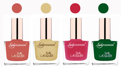 Lady Fashion Ultra High Shine Long Stay Nail Polish Nude,Mettalic Gold,Mettalic Pink,Dark Green(Pack of 4)