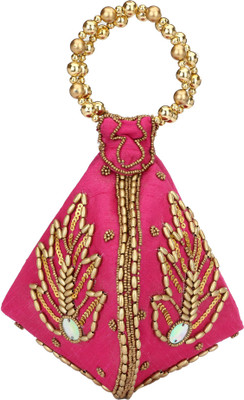 

HimalayaHandicraft Ethnic Silk Clutch Potli Batwa Pouch Bag with Embroidery and Metal Bead work Gift For Women Potli Potli(Pink)