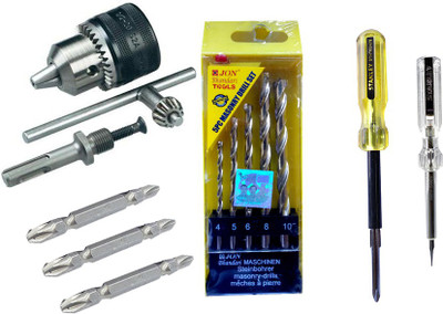 

JON BHANDARI 13 mm chuck adaptor with key and 5 pc masonry drilling bit set and 3 starbits and small 2 in 1 screwdriver and tester pack of 5 Hand Tool Kit(5 Tools), Black