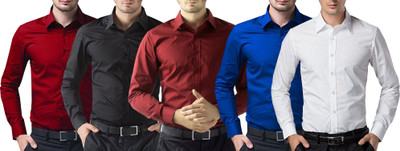 Trendz Deeksha Men Solid Casual Light Blue, Red, White, Maroon, Black Shirt(Pack of 5)