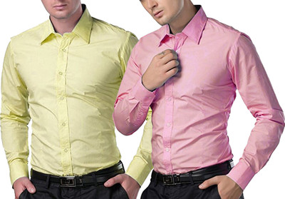 Trendz Deeksha Men Solid Casual Pink, Yellow Shirt(Pack of 2)
