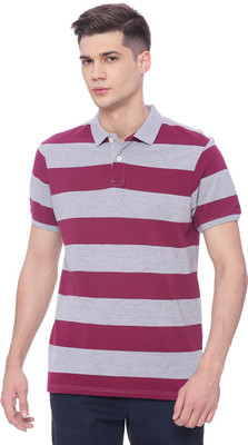 BASICS Striped Men Polo Neck Grey T-Shirt