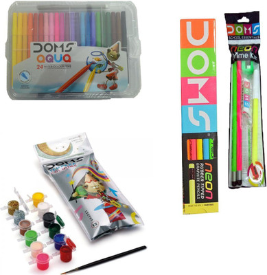 

DOMS AQUA 24 SKETCH PEN (FULL SIZE)+12 WATER COLOUR CAKES+TEMPERA COLOUR ( 12 SHADES)+NEON PRIME KIT+NEON RUBBER TIPPED PENCIL