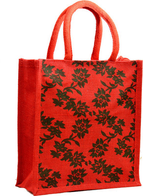 

AGGDA Red Jute Burlap Black Flower Printed Waterproof Lunch Bag(Red, 12 L)