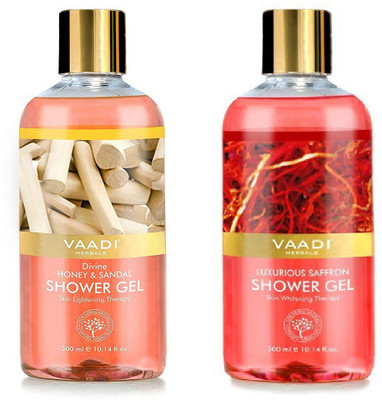 

Vaadi herbal Shower Gel, Divine Honey and Sandal and Luxurious Saffron, 300 ml Each(600 ml, Pack of 2)