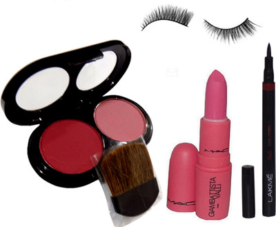 

9 to 5 Eyelashes , Giambattista Valli Matte Sweetie Lipstick, Two shade Blusher With lakme Pen Eyeliner(Set of 4)