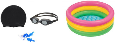 

FACTO POWER BLACK COLOR GOGGLES, CAP WITH EAR & NOSE PLUG, 2 FEET MULTICOLOR TUB Swimming Kit