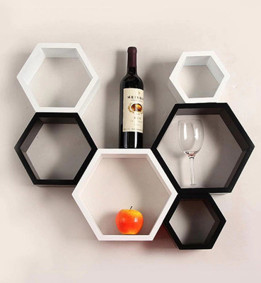 Accents & Décor 6 Piece Hexagon Shape Storage Floating Wooden Wall Shelf Wooden Wall Shelf(Number of Shelves - 6, Black, White)