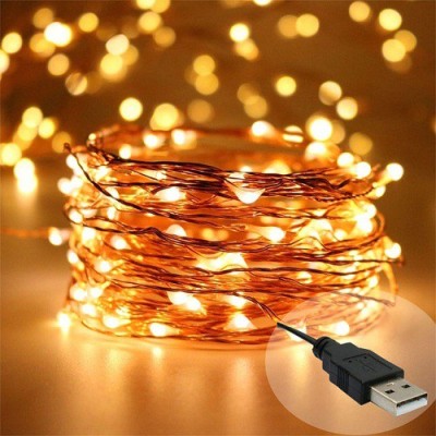 Copper String LED light 10 MTR 100 LED USB Operated Decorative Lights 393.7 inch Yellow Rice Lights (Pack of 1)