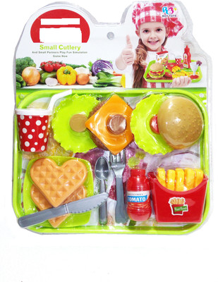 

TALKING GANESHA High Quality Colourful 19 Pieces ABS Material Kitchen Fast Food Set like Burger, French Fries, Ketchup Bottle, Waffles, Tray, Knife, Spoon, Fork pretend & Play toy for kids (multicolor)